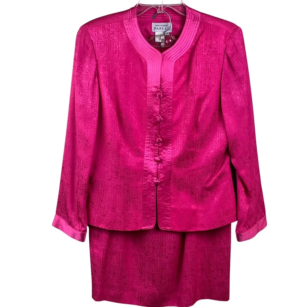 Adrianna Papell Hot Pink Two Piece 100% Silk Satin Buttons Skirt Suit Asian 10 - Picture 2 of 9